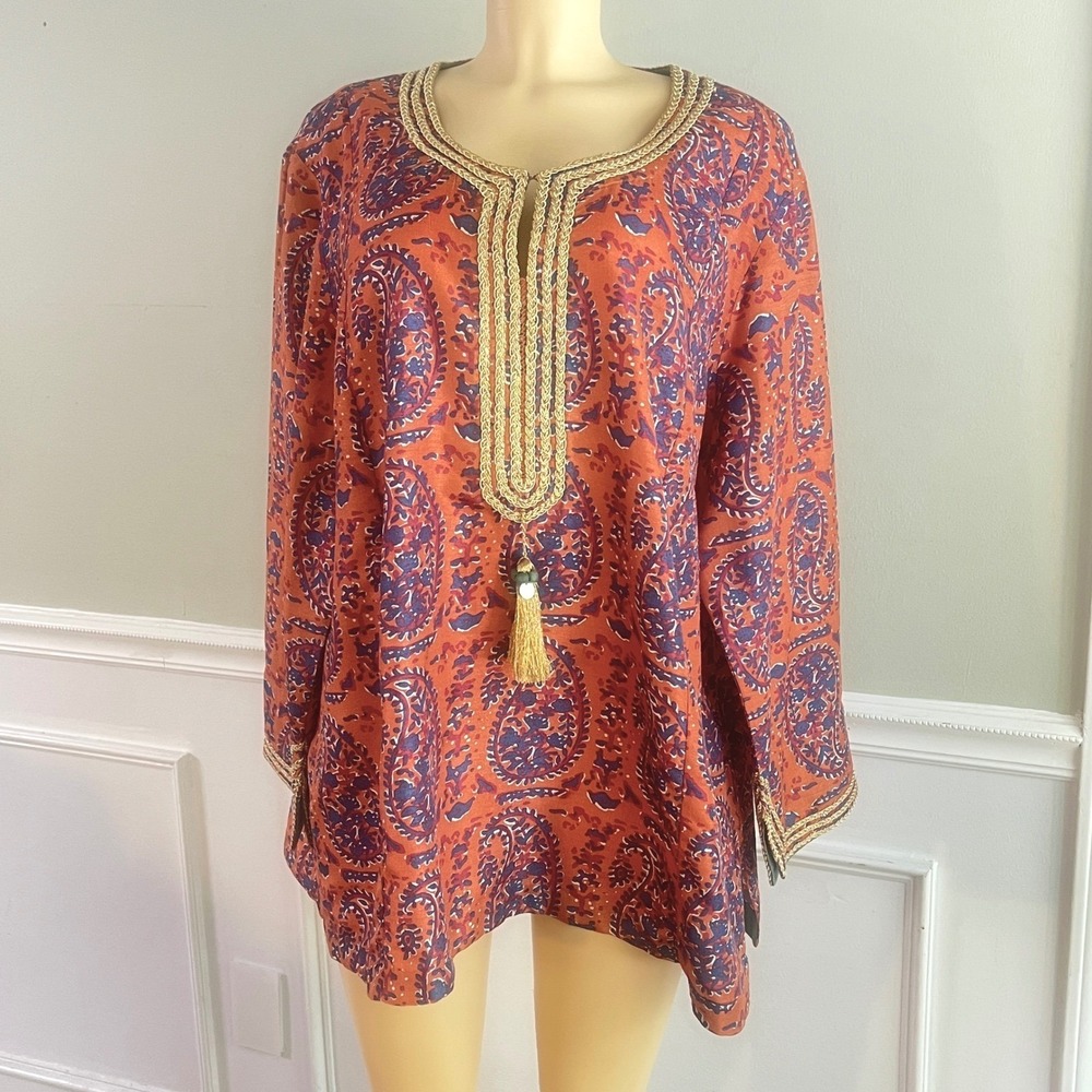 Soft Surroundings Tunic 3X Womens Boho Hippie Paisley Tassel Burnt Orange Resort